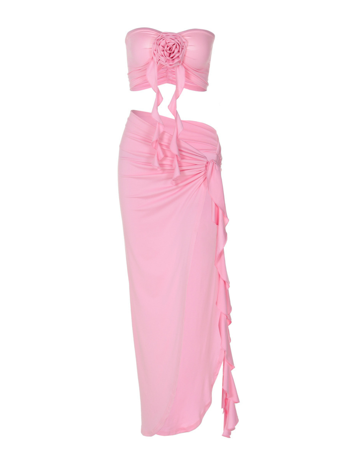 Flower Draped Split Skirt Set In Pink
