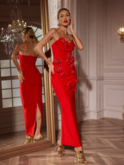 Strapless Flower Bandage Dress In Red