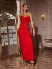 Strapless Flower Bandage Dress In Red