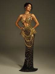 Robe longue bustier dorée à découpes et cristaux 