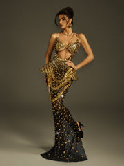 Robe longue bustier dorée à découpes et cristaux 