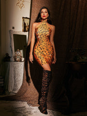Neck Rhinestone Leopard Mini Dress