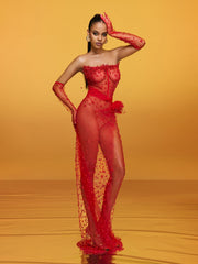Robe longue bustier en maille perlée 