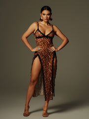 Spaghetti Leopard Split Midi Dress