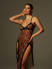 Spaghetti Leopard Split Midi Dress