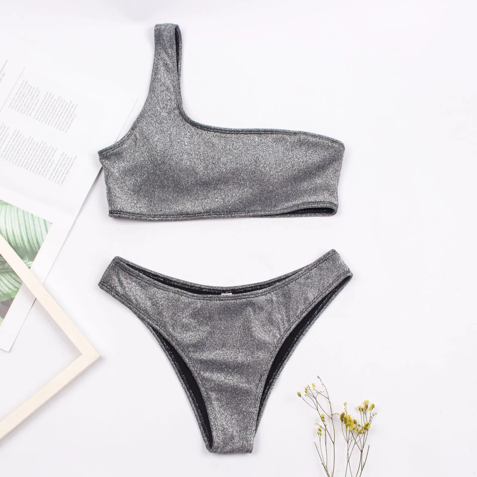 Asymmetric Glitter Bikini Set One-Shoulder Two-Piece Sparkling Metallic Fabric & Bottom Boho Suit