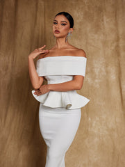 Off Shoulder Flounce Midi Dress In White