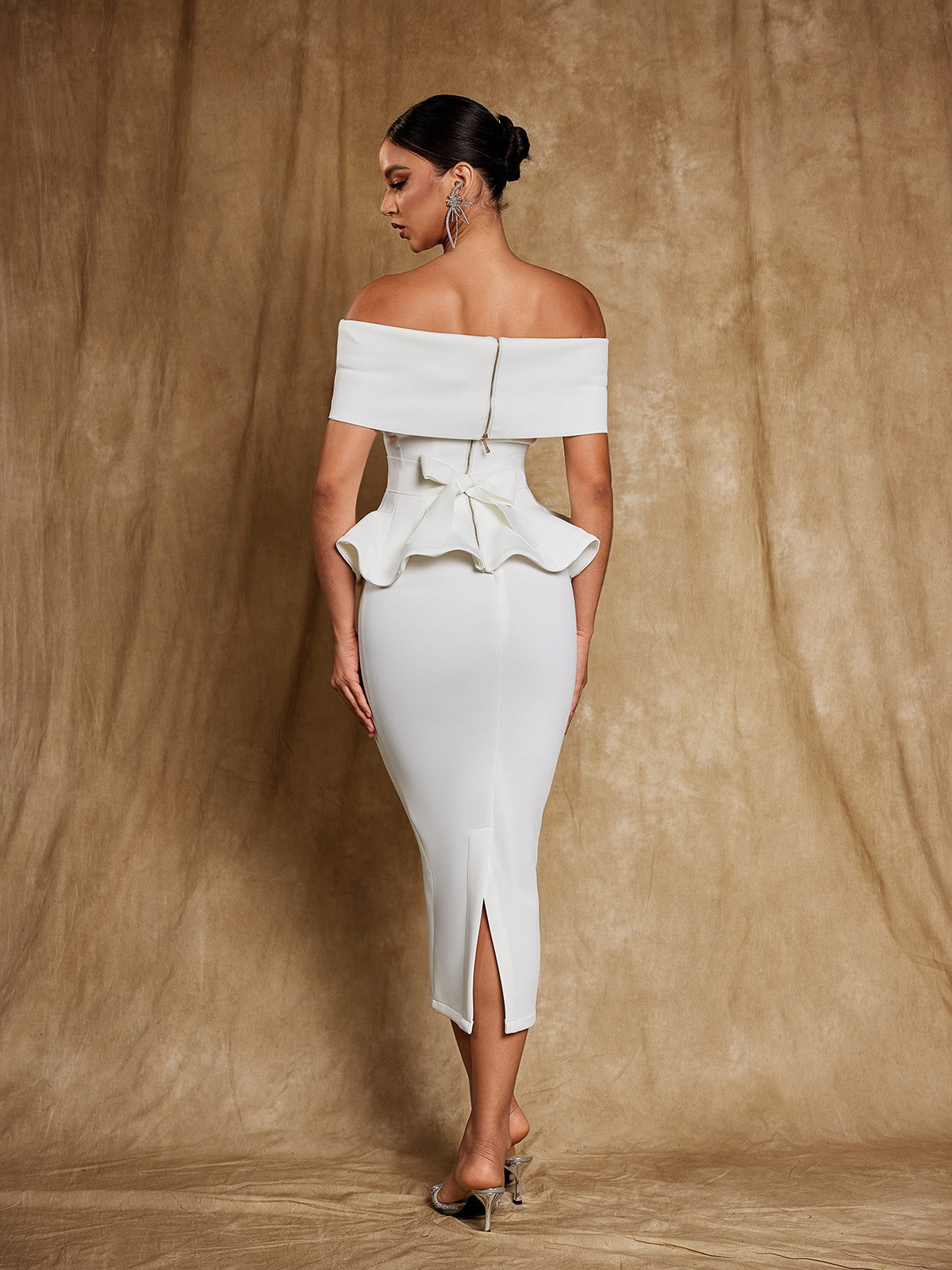 Off Shoulder Flounce Midi Dress In White