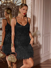 Tassel Feather Mini Dress In Black