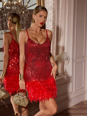 Tassel Feather Mini Dress In Red