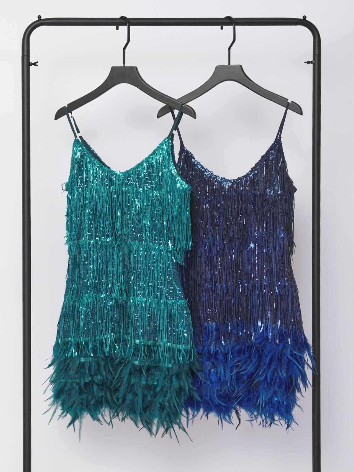 Tassel Feather Mini Dress In Emerald