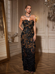 Strapless Flower Maxi Dress In Black