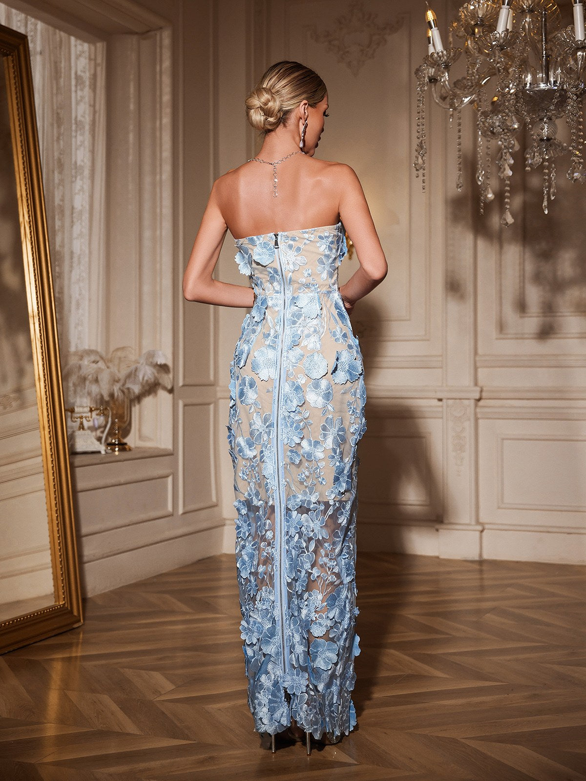 Robe longue bustier fleurie bleu ciel 