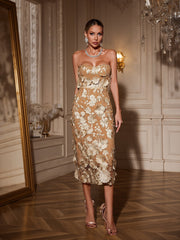 Strapless Flower Midi Dress In Apricot
