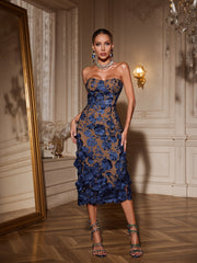 Robe midi bustier à fleurs bleu marine 