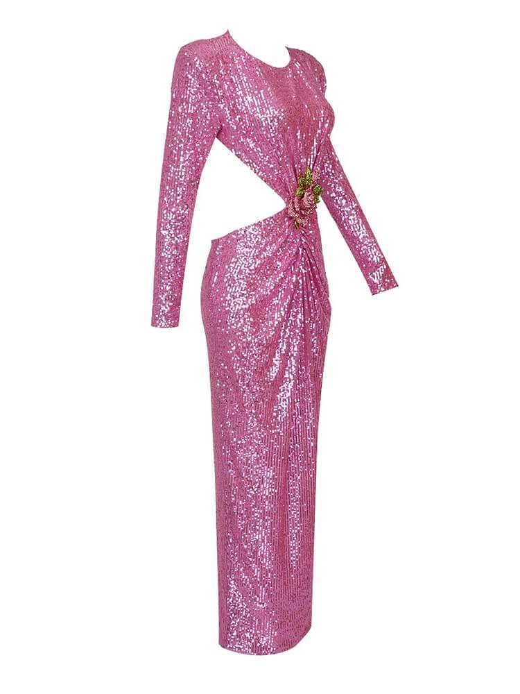 Long Sleeve Cutout Sequin Maxi Dress In Pink