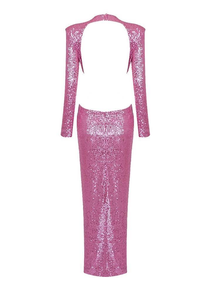 Long Sleeve Cutout Sequin Maxi Dress In Pink