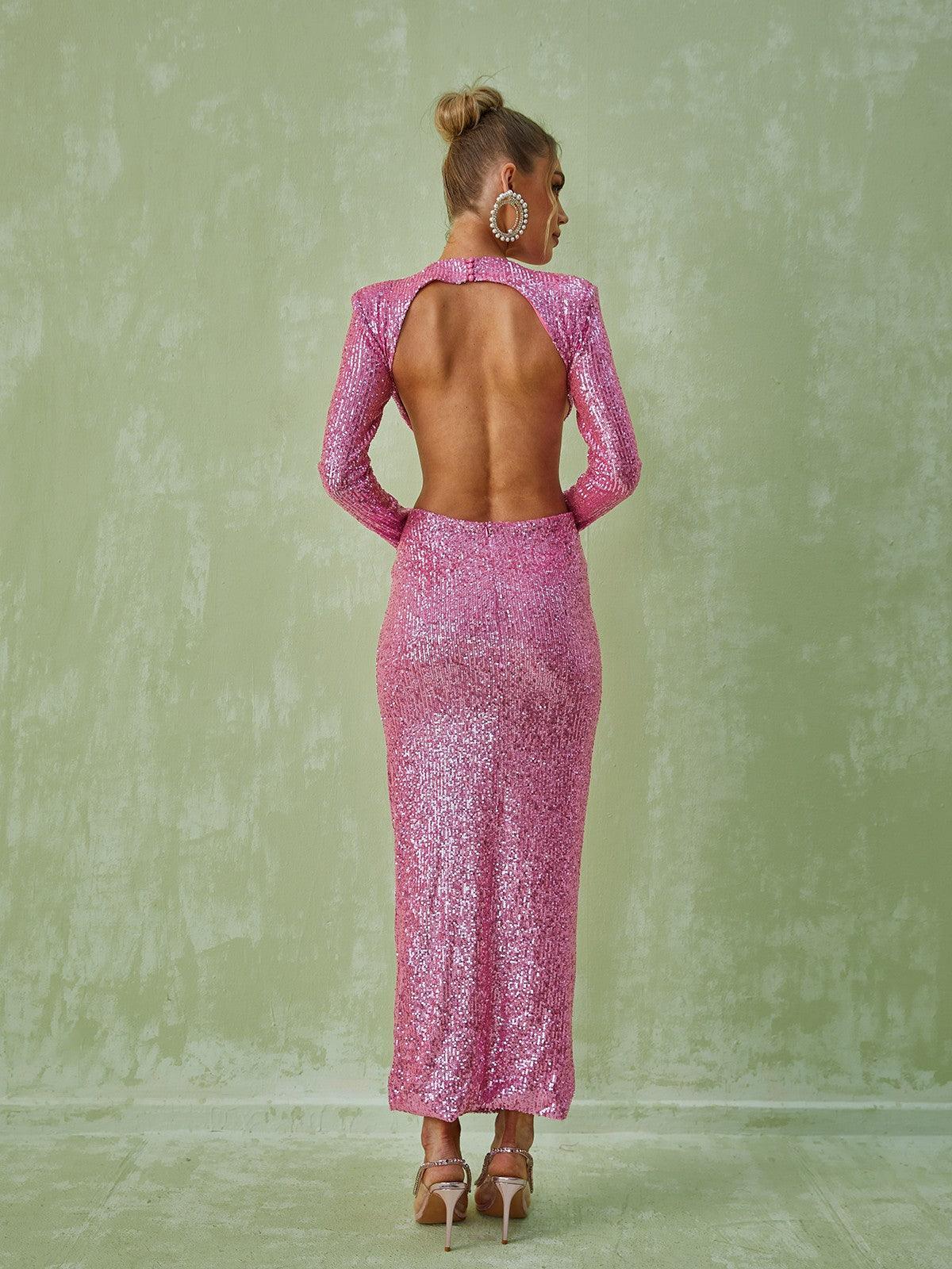 Long Sleeve Cutout Sequin Maxi Dress In Pink