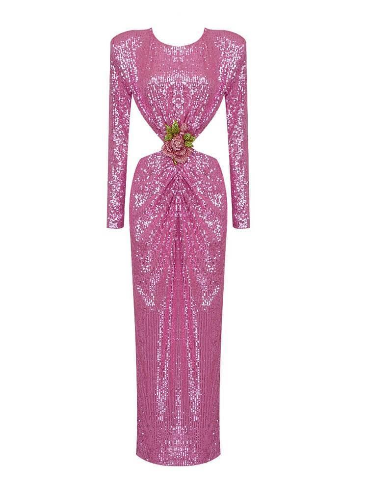 Long Sleeve Cutout Sequin Maxi Dress In Pink