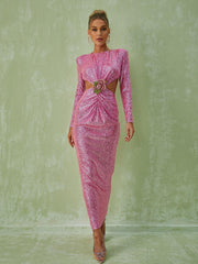 Long Sleeve Cutout Sequin Maxi Dress In Pink