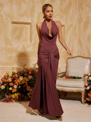 Robe maxi fendue à col bénitier froncé 
