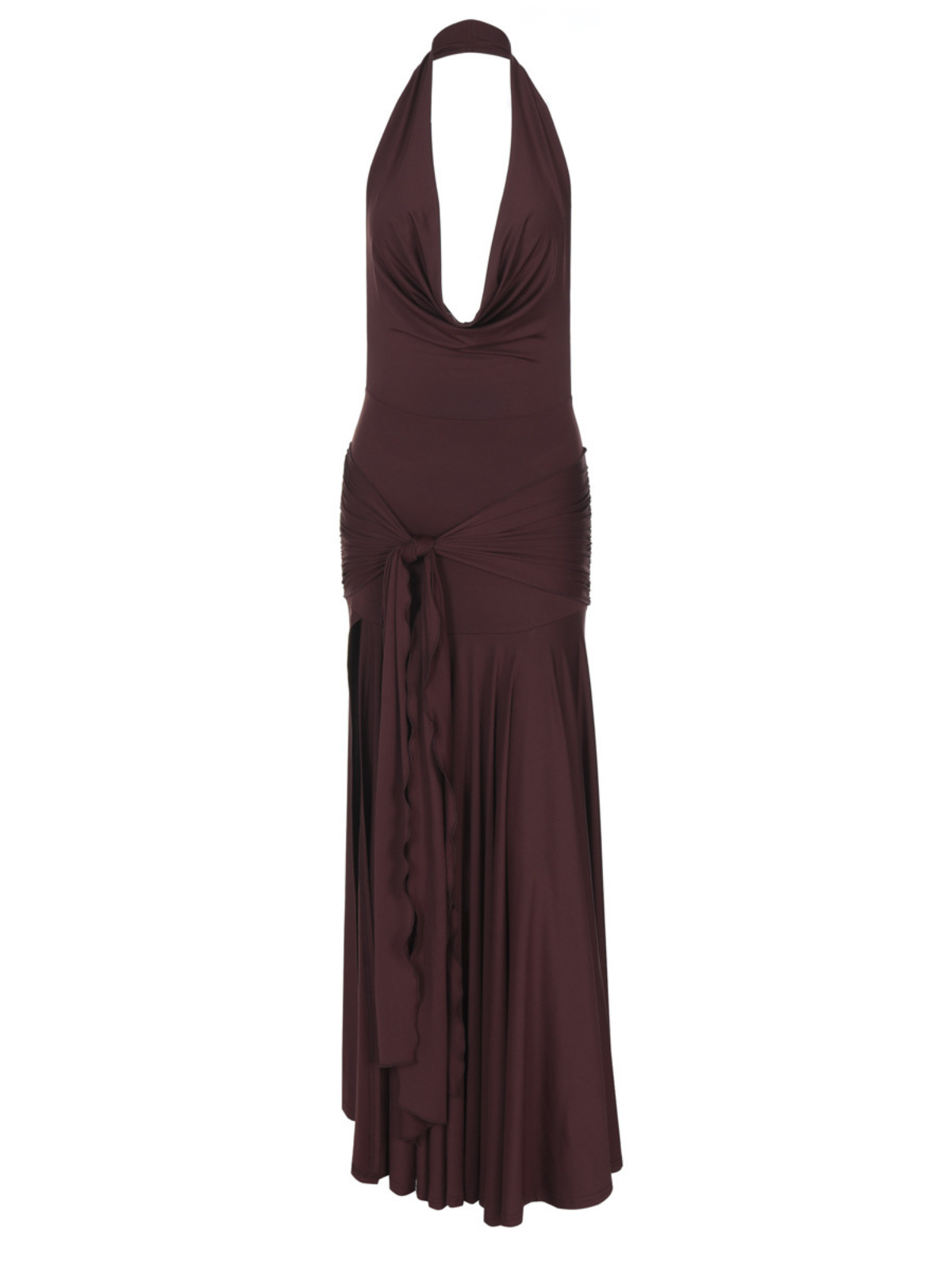 Robe maxi fendue à col bénitier froncé 
