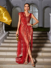 Robe longue fendue à sequins rouge 