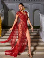 Robe longue fendue à sequins rouge 