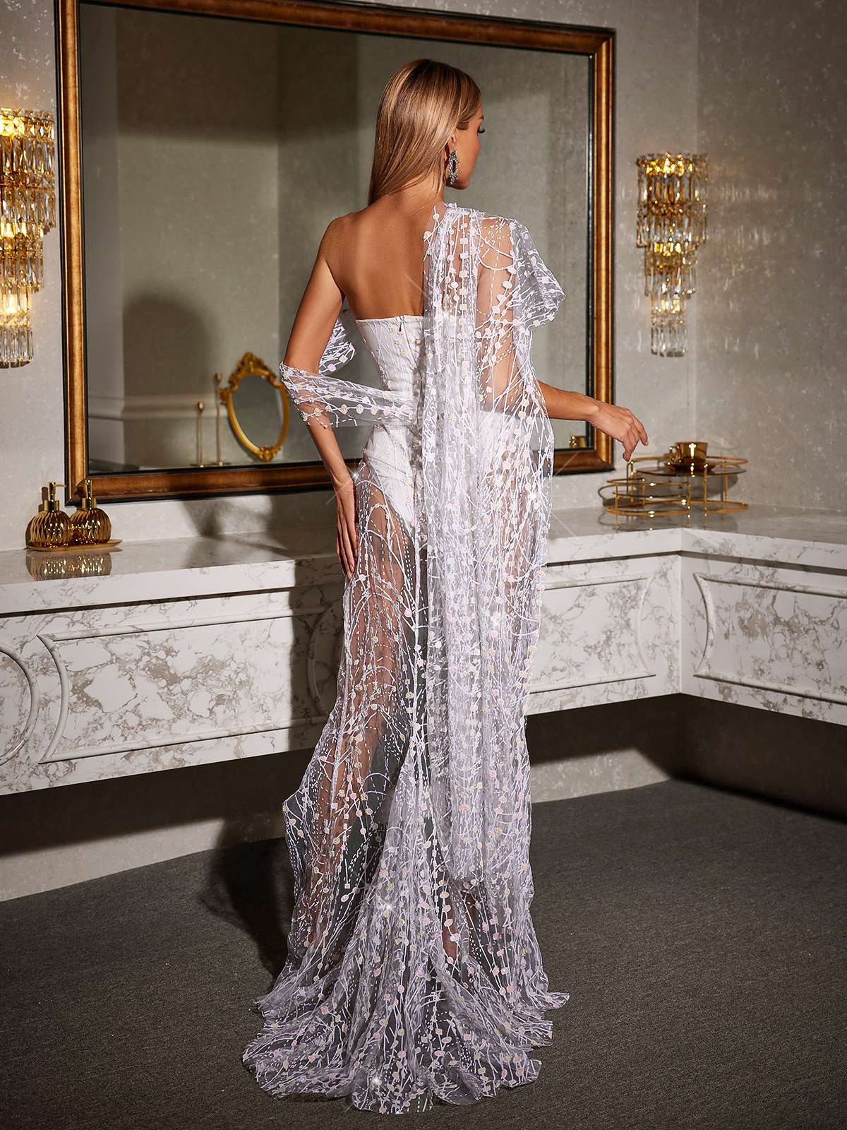 Split Sequin Maxi Dress In White