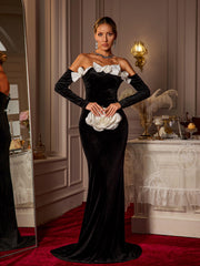 Robe longue en velours à épaules dénudées avec nœud et fleurs 