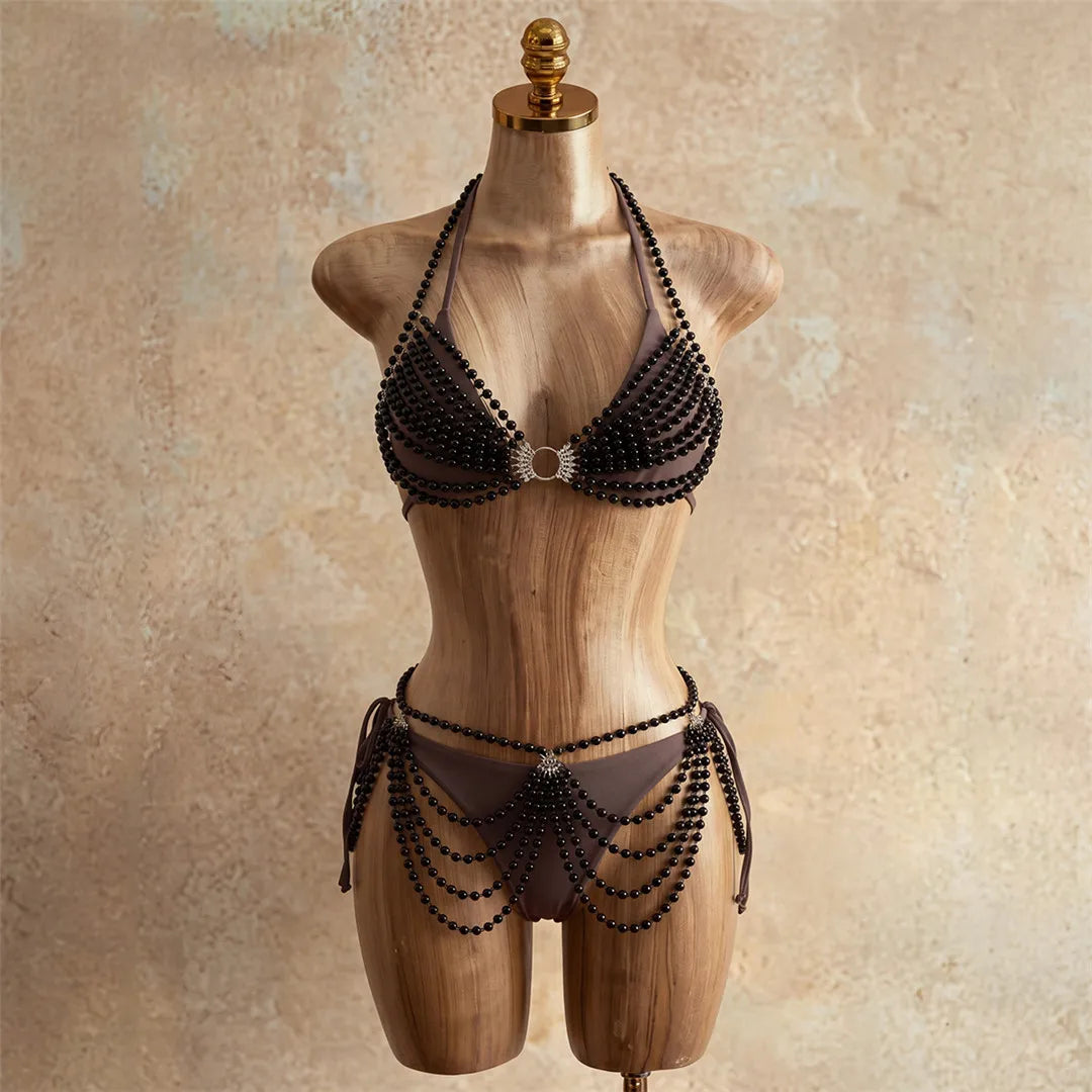 Beads Cover Up Halter Bikini Four-pieces Bikini Set