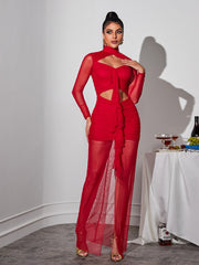 Robe longue maxi en résille ajourée à manches longues