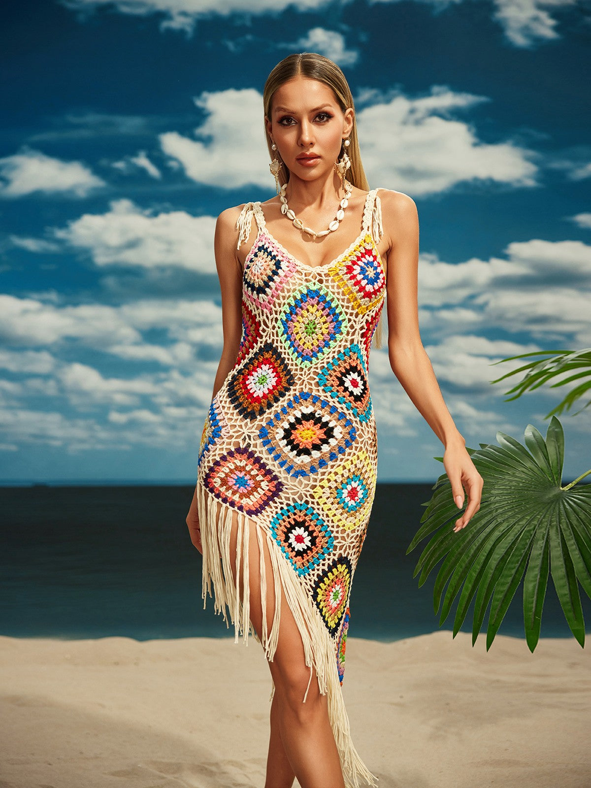 Robe midi à franges en maille spaghetti 