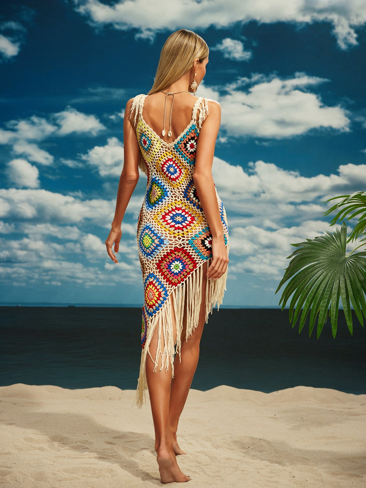 Robe midi à franges en maille spaghetti 
