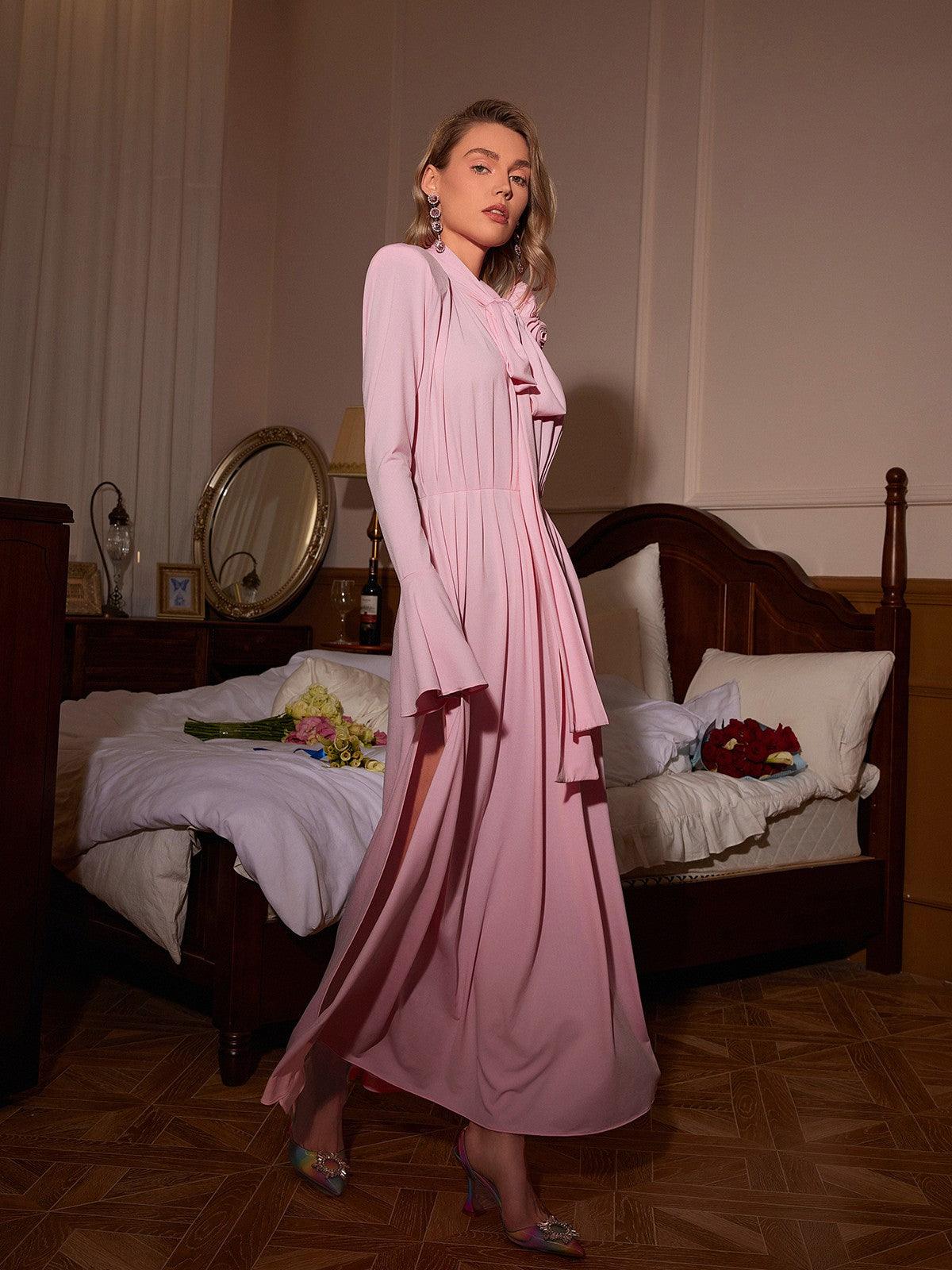 Long Sleeve Flower Maxi Dress In Pink