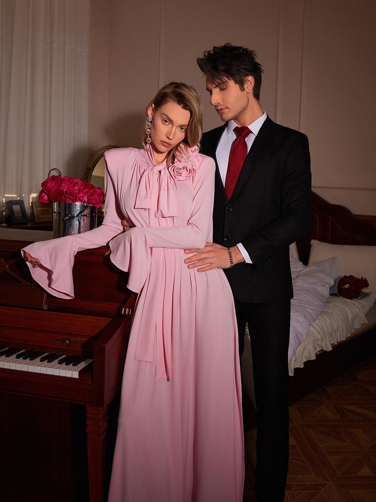 Long Sleeve Flower Maxi Dress In Pink