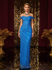 Robe longue à paillettes épaules dénudées 