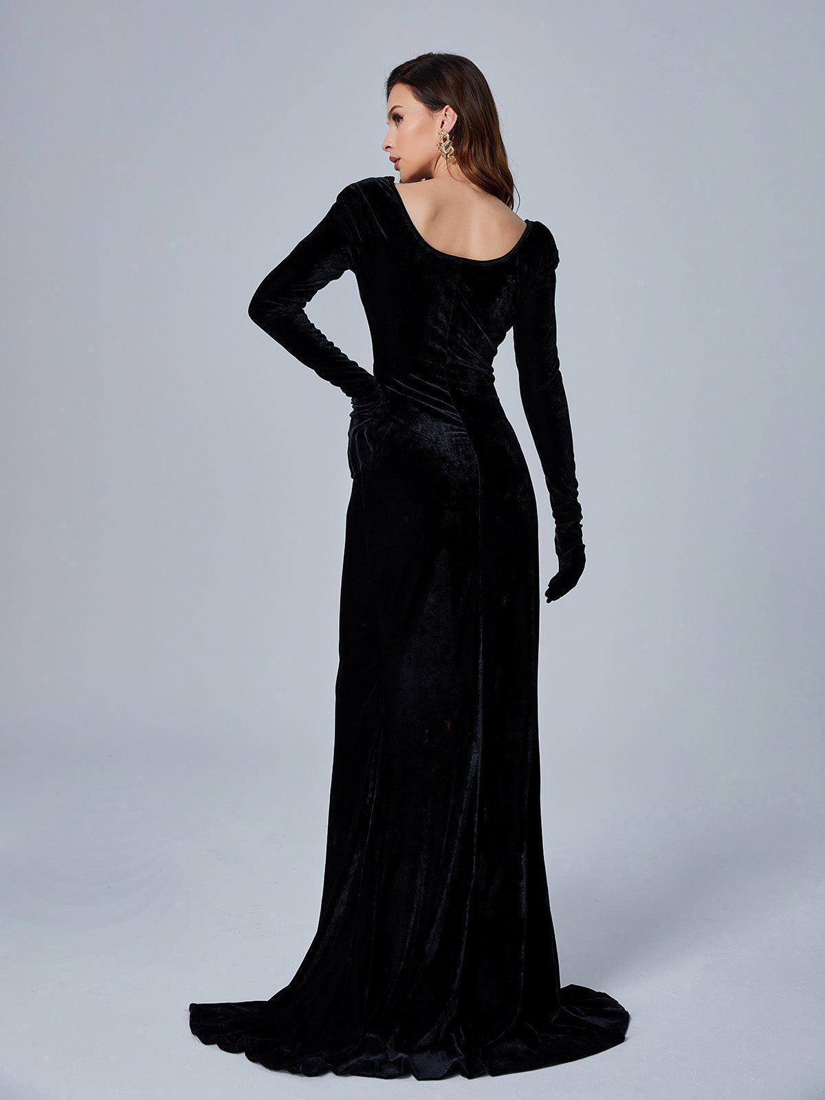 Gants à manches longues, robe maxi en velours noir 