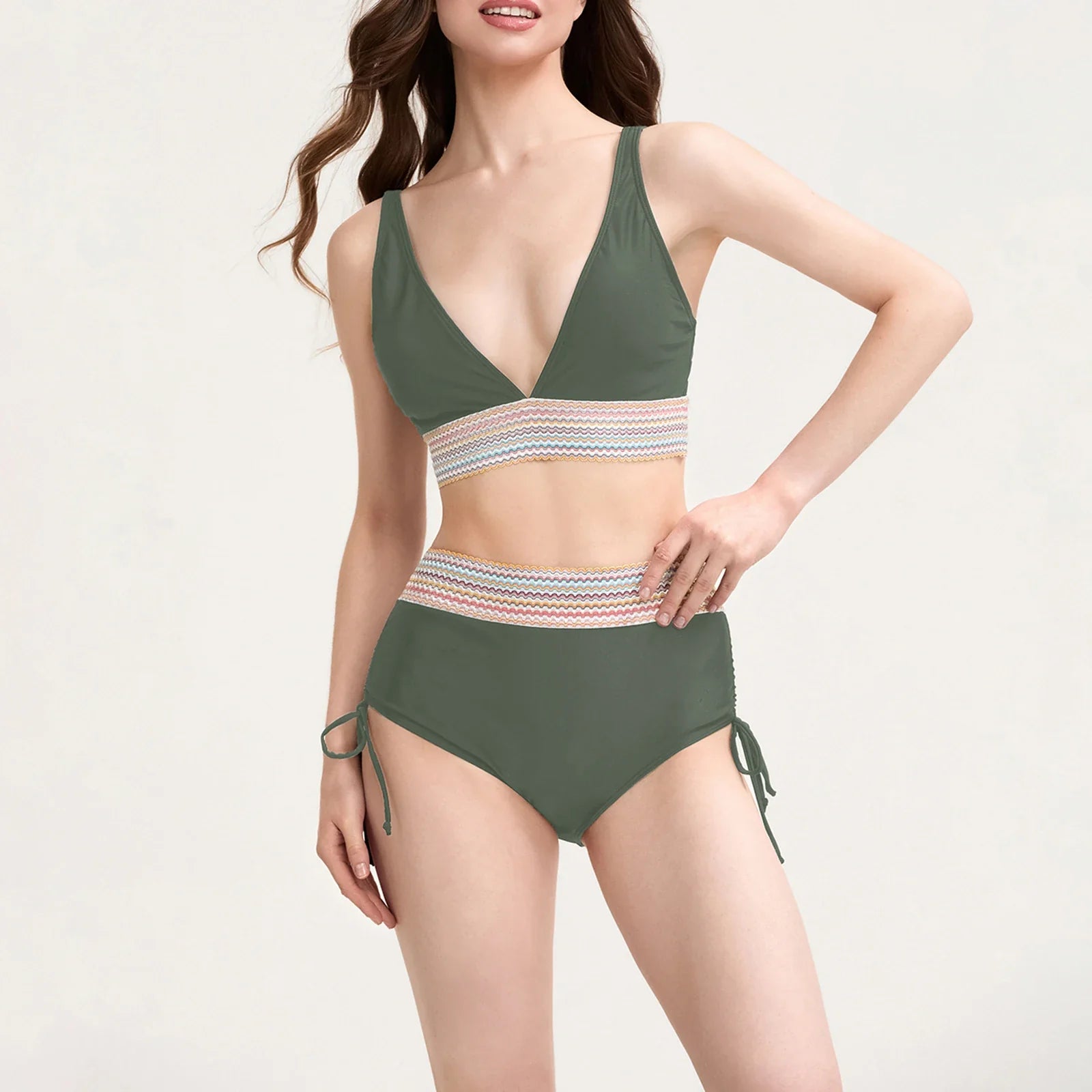 Bikini Swimsuit for Patchwork V-Neck Swimwear Drawstring Biquini Bathingwear