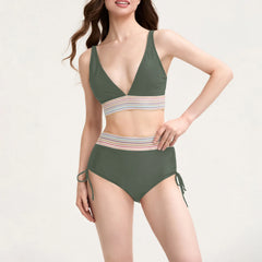 Bikini Swimsuit for Patchwork V-Neck Swimwear Drawstring Biquini Bathingwear