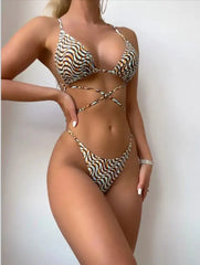 Bikini Set for 3 Piece Striped Swimwear with Wrap Halter Adjustable Sundress Swimsuit
