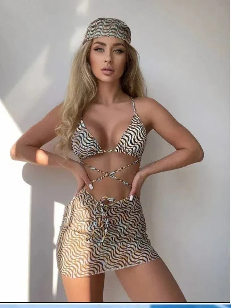 Bikini Set for 3 Piece Striped Swimwear with Wrap Halter Adjustable Sundress Swimsuit
