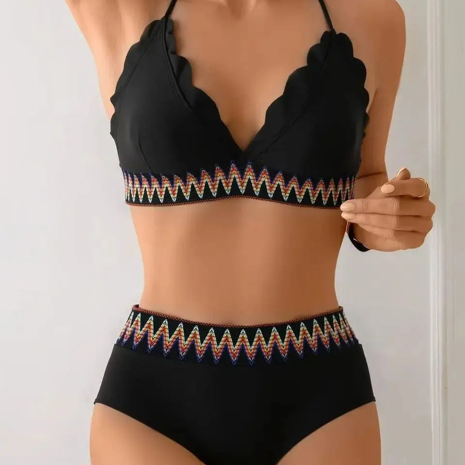 Bikini Set for Bodycon Two Piece with Geometric Straps & Tight Fit Tight Corset V Neck Panties Lingerie Set
