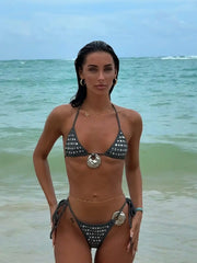 Bikini with Pants Swimwear Bikini Set Studded Swimwear High Leg Bathing Suitwear Halter Biquini