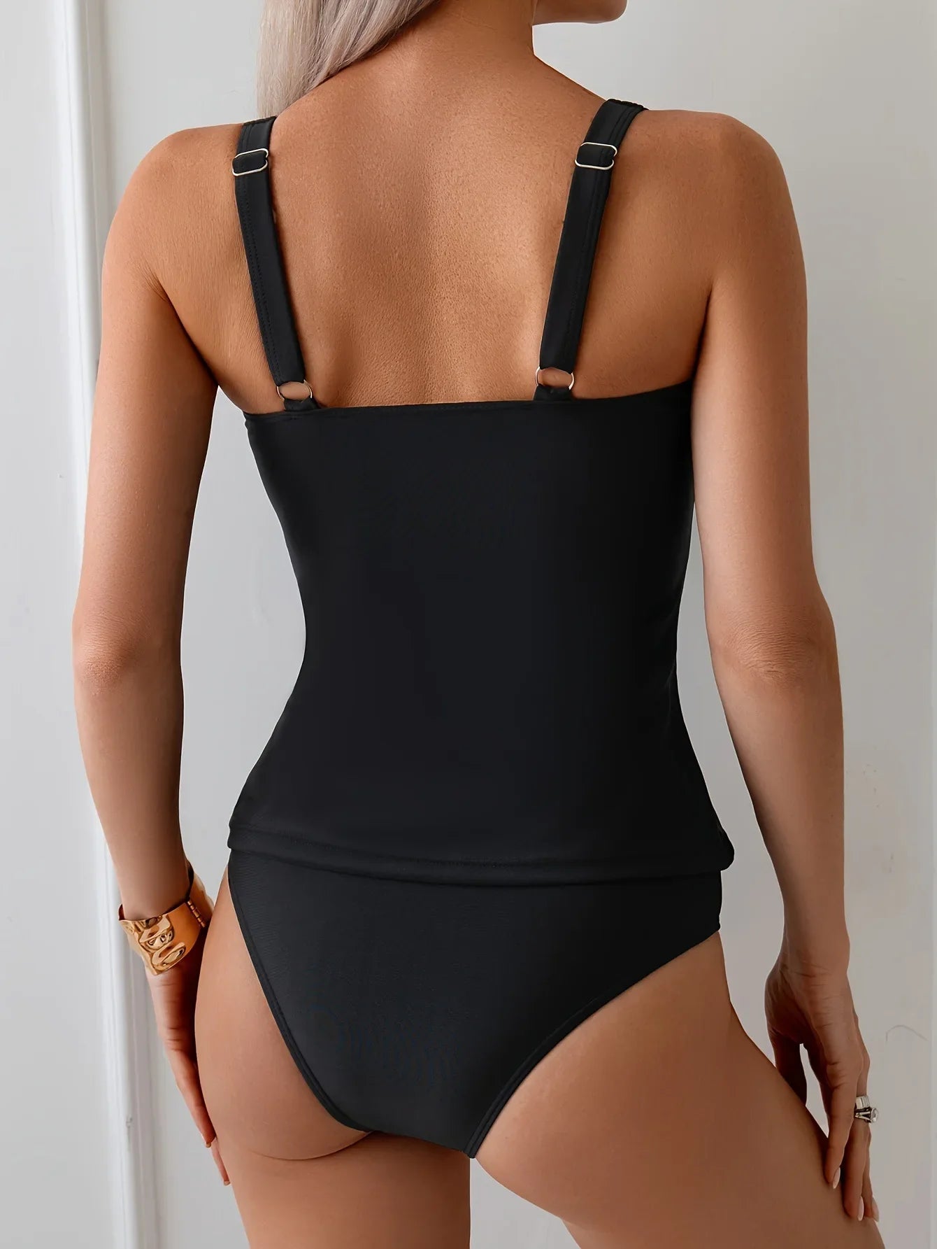 Black Modest Two-Piece Swimsuit for Tummy Control Slimming Swimsuit with Ruffled Neckline and Straps Swimwear