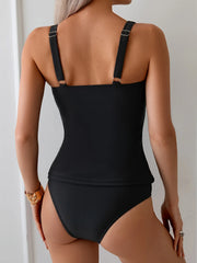 Black Modest Two-Piece Swimsuit for Tummy Control Slimming Swimsuit with Ruffled Neckline and Straps Swimwear