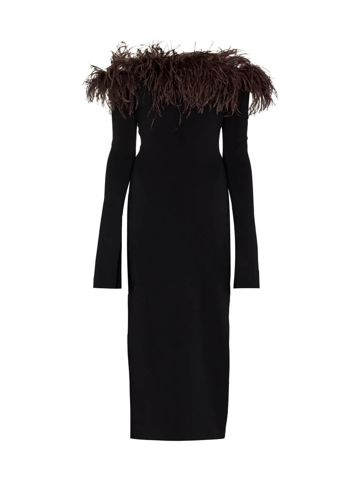 Robe midi noire à épaules dénudées et ornée de plumes 