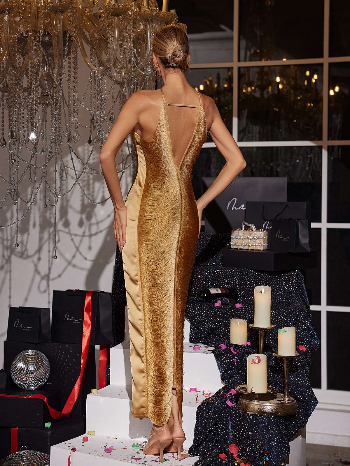 Halterneck Fringe Maxi Dress In Bronze