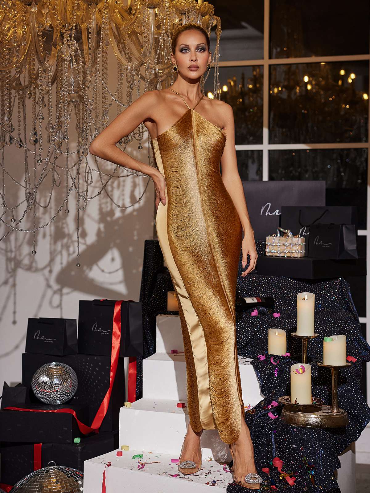 Halterneck Fringe Maxi Dress In Bronze