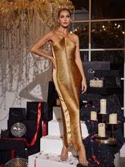 Halterneck Fringe Maxi Dress In Bronze